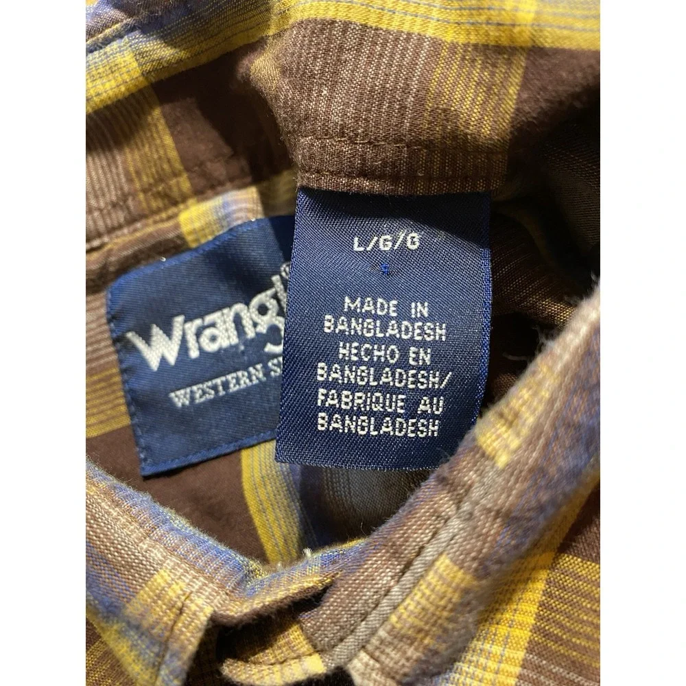 Wrangler Western‎ Shirt L Brown Yellow Check Pearl Snap Cowboy Rodeo 75204PP Y2K